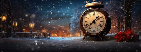 Christmas magic background with alarm clock photo