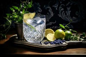 Gin and tonic on a wooden table on the dark side photo