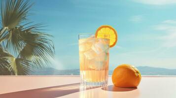 Orange Beverage in a glass beside pool photo