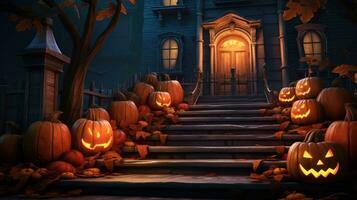 Halloween haunted streets with three pumpkins, photo