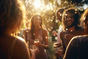 Young friends celebrating at the party on a roof top photo