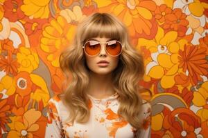 Beautiful model girl on orange background photo