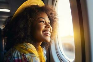 mujer sonrisa cerca el ventana de avión foto