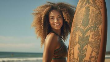 Beautiful surfer girl on the beach photo