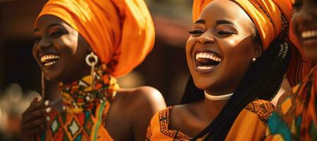 Beautiful african women laughing and having fun in the street photo