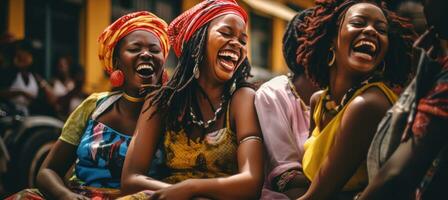 hermosa africano mujer riendo y teniendo divertido en el calle foto