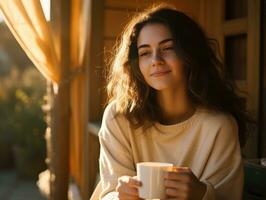 A girl is sitting at the porch with a cup of coffee photo