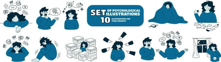 Mental health and psychology concept set. Psychological disorders, different positive, negative conditions of people. Flat vector illustrations set isolated on white background