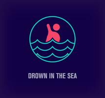 Creative sea and drowning human round logo. Unique color transitions. Rescue, danger and security logo template. vector