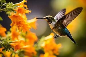 hummingbird flying and spread their tails over vibrant flowers. AI Generated photo