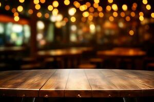 Empty rounded wooden table in front of abstract blurred bokeh light of Cafe. AI Generated photo