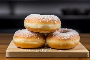 Sweet donuts with powdered sugar on wooden table in the kitchen. AI Generated photo