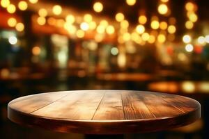 vacío redondeado de madera mesa en frente de resumen borroso bokeh ligero de cafetería. ai generado foto