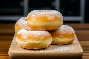 Sweet donuts with powdered sugar on wooden table in the kitchen. AI Generated photo
