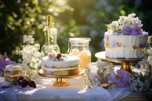 un surtido de blanco y oro postres son sentado en un mesa al aire libre foto