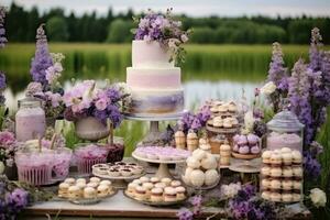 a cake table in an outdoors setting photo