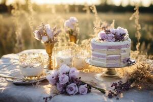 an assortment of white and gold desserts are sitting on a table outdoors photo