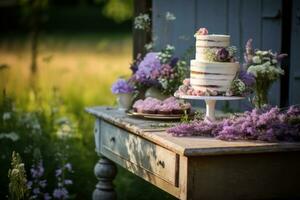 a cake table in an outdoors setting photo