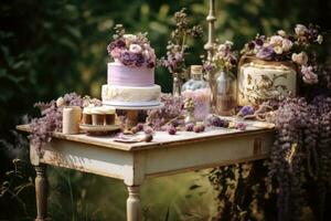 a cake table in an outdoors setting photo