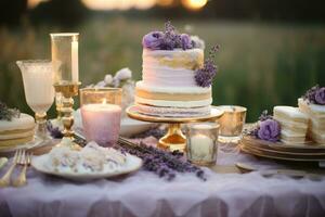 an assortment of white and gold desserts are sitting on a table outdoors photo