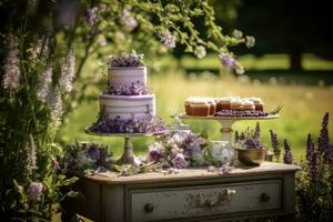 a cake table in an outdoors setting photo