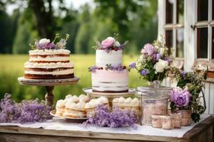 a cake table in an outdoors setting photo