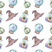 Seamless watercolor Halloween pattern. Witchy pattern. Seamless pattern with witch hat, poison, magic sphere and pumpkin. photo