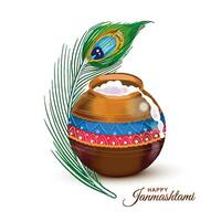 Happy janmashtami background with matki and makhan card design vector