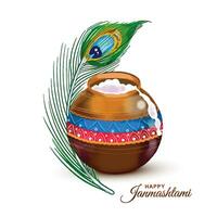 Happy janmashtami background with matki and makhan card design vector