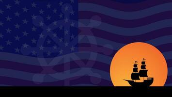 Columbus Day Background with Silhouette of Ship, Steer Wheel and Copy Space Area vector