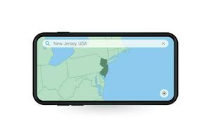 Searching map of New Jersey in Smartphone map application. Map of New Jersey in Cell Phone. vector