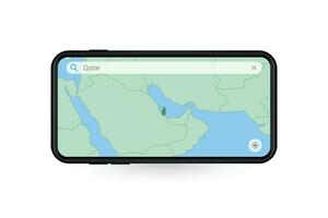 buscando mapa de Katar en teléfono inteligente mapa solicitud. mapa de Katar en célula teléfono. vector