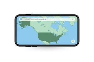 buscando mapa de Estados Unidos en teléfono inteligente mapa solicitud. mapa de Estados Unidos en célula teléfono. vector