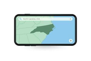 Searching map of North Carolina in Smartphone map application. Map of North Carolina in Cell Phone. vector