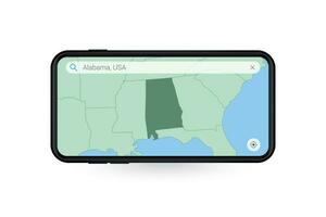 buscando mapa de Alabama en teléfono inteligente mapa solicitud. mapa de Alabama en célula teléfono. vector