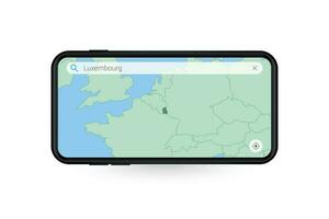 buscando mapa de Luxemburgo en teléfono inteligente mapa solicitud. mapa de Luxemburgo en célula teléfono. vector