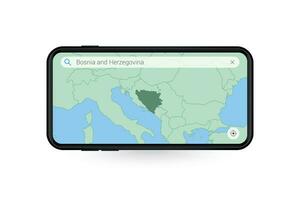 buscando mapa de bosnia y herzegovina en teléfono inteligente mapa solicitud. mapa de bosnia y herzegovina en célula teléfono. vector