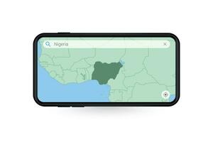 buscando mapa de Nigeria en teléfono inteligente mapa solicitud. mapa de Nigeria en célula teléfono. vector