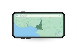 buscando mapa de Camerún en teléfono inteligente mapa solicitud. mapa de Camerún en célula teléfono. vector