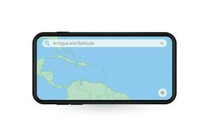 buscando mapa de antigua y barbuda en teléfono inteligente mapa solicitud. mapa de antigua y barbuda en célula teléfono. vector