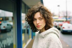 a woman with curly hair standing in front of a store generative ai photo