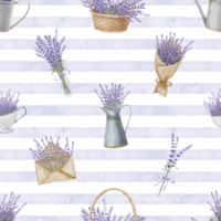 Lavender seamless Pattern with floral Provence bouquets. Hand drawn watercolor illustration of vintage ornament on a striped background for wrapping paper or textile design. Botanical backdrop. png