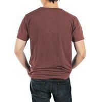 Close up of man in back red brown shirt on white background. photo