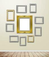 Gold Frame decor on wallpaper with light flare. photo