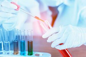 Female medical or scientific researcher using test tube on laboratory. photo