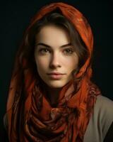 portrait of a beautiful young woman in an orange scarf on a black background generative ai photo