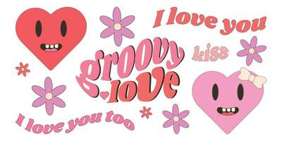 Groovy lovely stickers.Y2k collection.Retro style Valentine's day. 2000s.Retro y2k style.Cartoon style.Retro elements.Retro style Valentine's day.Valentines day greeting card vector