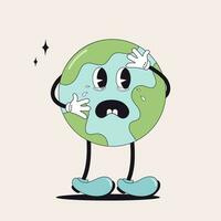 Retro groovy cartoon style earth planet.Earth Day.70s. Save the Earth. Cartoon cute earth planet character. Concept of World Environment Day in retro style. World Environment Day. vector