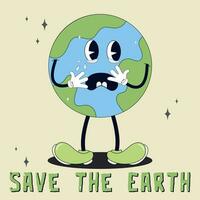 Retro groovy cartoon style earth planet.Earth Day. Cartoon cute earth planet character. Concept of World Environment Day in retro style. World Environment Day. Save the Earth. 70s vector