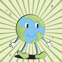 Retro groovy cartoon style earth planet.Earth Day.Save the Earth.Concept of World Environment Day in y2k style.Cartoon cute earth planet character. World Environment Day vector